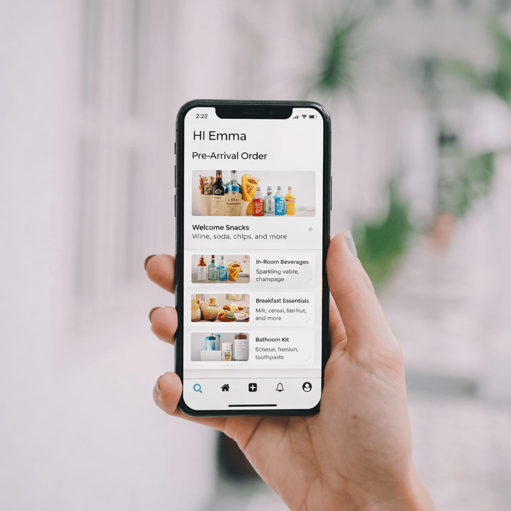 Guest holding a smartphone showing Appointed Property pre-arrival ordering options.